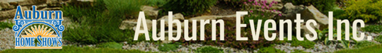 A logo for Auburn Events Inc. with landscaping in the background.